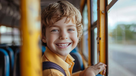 Image of a happy smiling school boy sitting on a busの素材