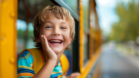 The little boy is very happy to ride the school busの素材