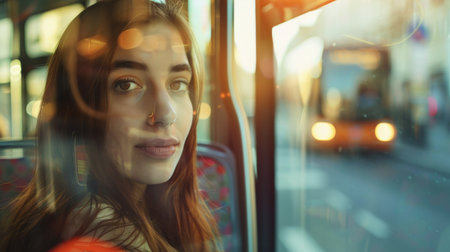 Young woman in bus looking through window. Blurred background. Toned image.の素材