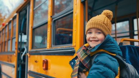 Little boy waiting for school bus on a cold autumn morningの素材