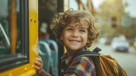 Little boy with curly hair getting on the school bus in the morningの素材