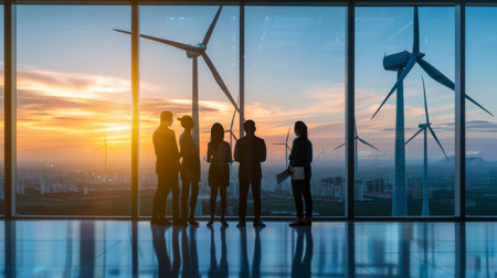 A group of people are standing in a room looking out at wind turbines.の素材