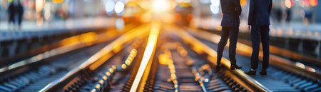 A businessman standing on a railroad track looking at an oncoming train.の素材