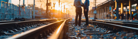 A couple standing on a railroad track at sunsetの素材