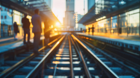A blurred image of people waiting on a subway platformの素材