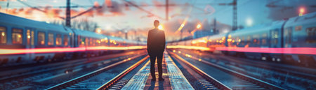 A businessman standing on a train platform as two trains pass.の素材