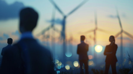 A group of people are standing in front of the wind turbines during the sunset.の素材