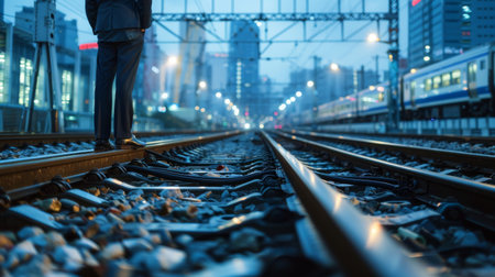 A man standing on a railroad track in the rain.の素材