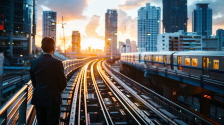 A businessman stands on a train platform as the sun sets over the city.の素材