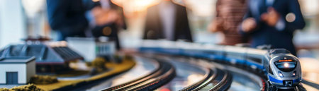 A model train set up on a table with blurred businessmen talking in the backgroundの素材