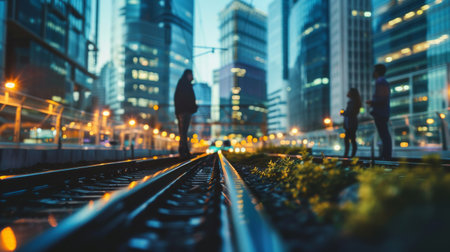 A group of people standing on a train track in the city.の素材