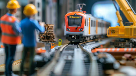 A model train set with a yellow and red train on a track with two construction workers standing nearby.の素材