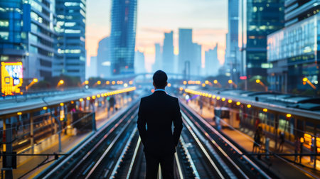 A man in a suit standing on a train platform, looking out at the city.の素材