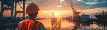 A worker in a hard hat and safety vest looks out at a busy shipping port at sunset.の素材