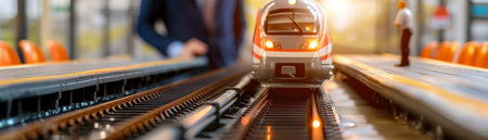 A model train on a track with a businessman in the backgroundの素材