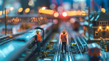 A model train set with two workers standing on the tracks.の素材