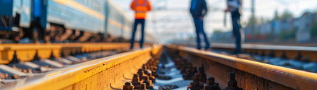 Railway tracks close up with blurred figures of people in the backgroundの素材