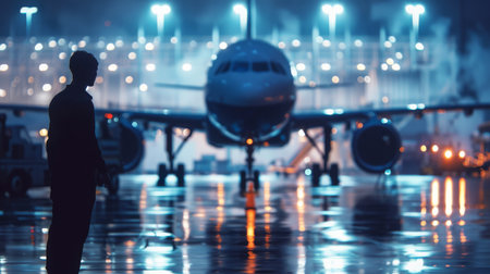 A silhouette of a person standing on a runway at night with a plane in the background.の素材