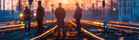 People standing on railroad tracks in the eveningの素材