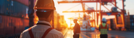 A worker wearing a hard hat is looking at shipping containers in a shipyard.の素材