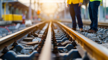 Railway tracks close-up with blurred figures of two workers in the distance.の素材