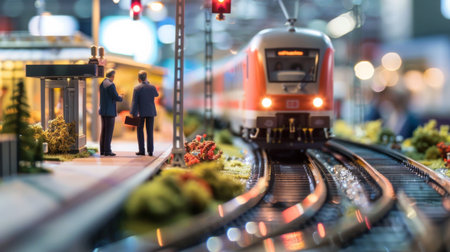 A model train passing through a station with two businessmen standing on the platform.の素材