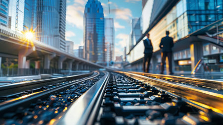 Railway tracks in the city with blurred businessmen in the backgroundの素材