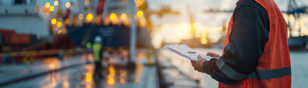 A worker wearing a reflective vest inspects cargo containers at a shipping port.の素材