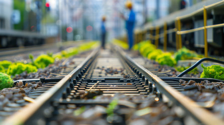 Railway tracks close up with blurred figures of two workers in the distanceの素材