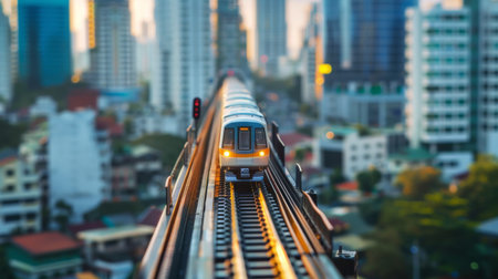 A model train on a track with a blurred cityscape in the background.の素材
