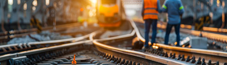 Railway tracks with blurred figures of two workers in orange vests in the distance.の素材