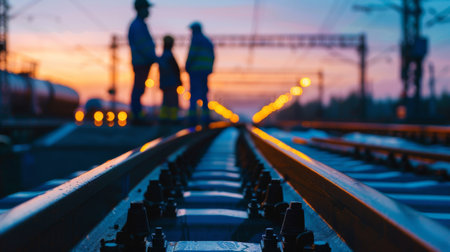 Railway tracks into the distance with blurred figures standing in the background.の素材