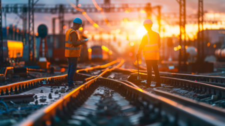 Railway workers inspecting tracks at sunsetの素材