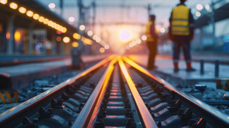 Railway tracks with blurred silhouettes of two workers in the distanceの素材