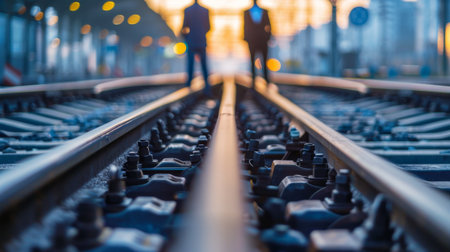 Railway tracks with people walking awayの素材