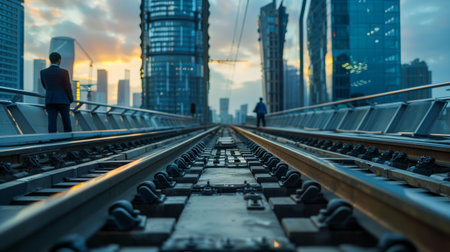 rusty railroad tracks in the foreground with an out of focus urban skyline in the backgroundの素材