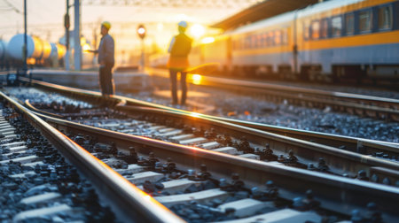 Railway tracks with workers in the distanceの素材