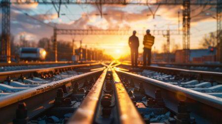 Railway tracks with the sunset in the backgroundの素材
