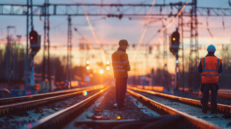 Railway workers inspecting tracks at sunsetの素材