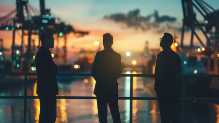Three businessmen in suits looking out at a busy shipping port at sunset.の素材
