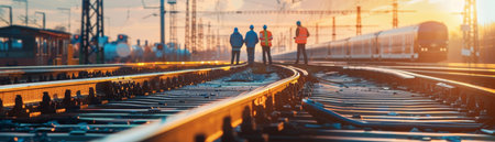 Railway workers walking on railroad tracks at sunset.の素材