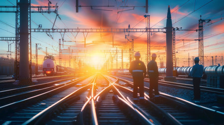 Railway workers standing on the tracks at sunsetの素材