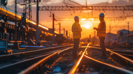 Railway workers on the tracks during sunsetの素材