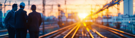 Three people are standing on a railroad track at sunset.の素材