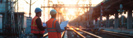 Two engineers in hard hats and safety vests are looking at blueprints while standing on a railroad trackの素材