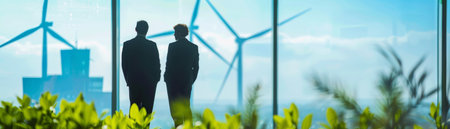 Two business people looking at wind turbines from the office window.の素材