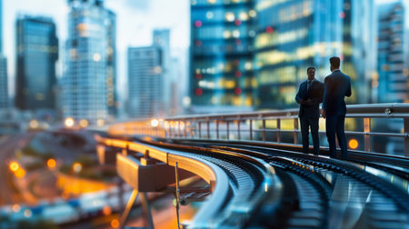 Two businessmen stand on a track in front of a blurred cityscape and talk.の素材