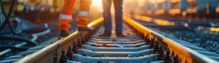 Railway workers walking on railroad tracks during sunsetの素材