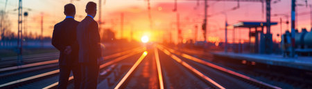 Two businessmen standing on railroad tracks at sunset.の素材