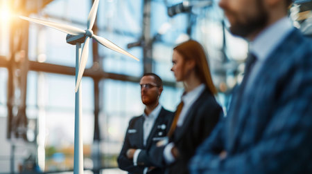 Three people in suits stand in front of a model wind turbine, discussing the future of renewable energy.の素材